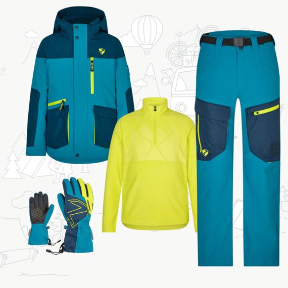 Dětský zimní outfit pro snowboarďáky teal crystal